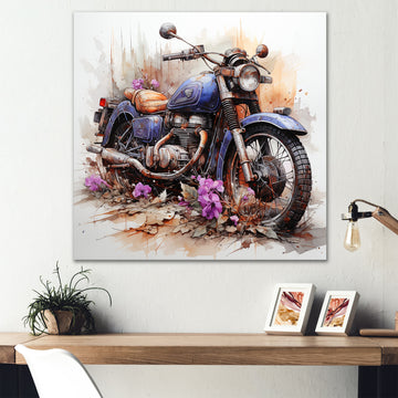 Watercolor Motorcycle Flower Path - Motorcycle Canvas Wall Art